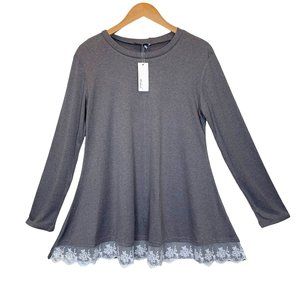 Women’s Gray Lace Hem Tunic Top Long Sleeve Flowy Swing Shirt Casual Medium